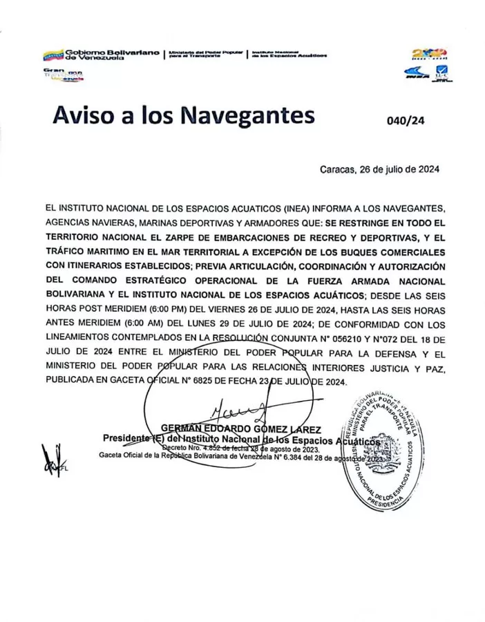 INEA suspende zarpe embarcaciones