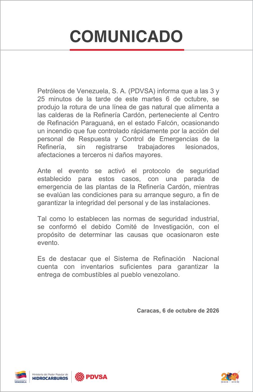 PDVSA controla incendio en la Refinería Cardón